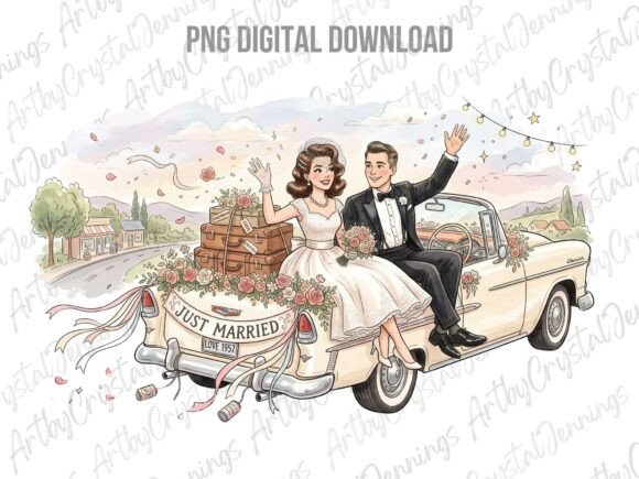 Retro 1950s Just Married Wedding PNG: Vintage Charm for Modern Projects