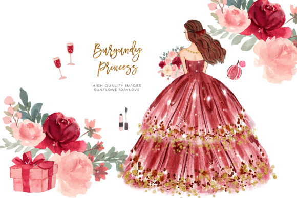 Rich Elegance: Marsala Princess Wedding Clipart for Modern Brands