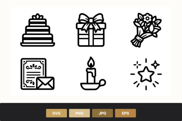 Wedding Cake Gift and Flower Icons: Versatile Line Art for Designers