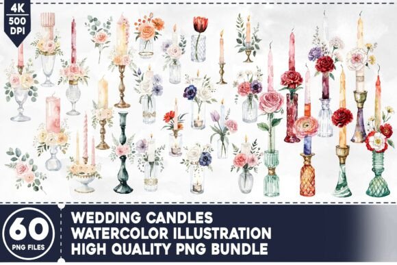 Wedding Candles Watercolor PNG Bundle for Elegant Designs