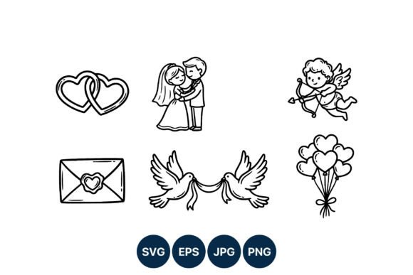 Wedding Couple Cupid Love Hearts Line: Elegant Clipart