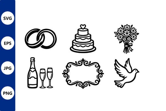 Wedding Icon Set: Rings, Cake, and Bouquet Essentials